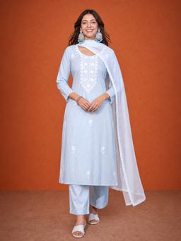 THE52 - Women'S Blue Embroidered Straight Kurta Pant and Dupatta