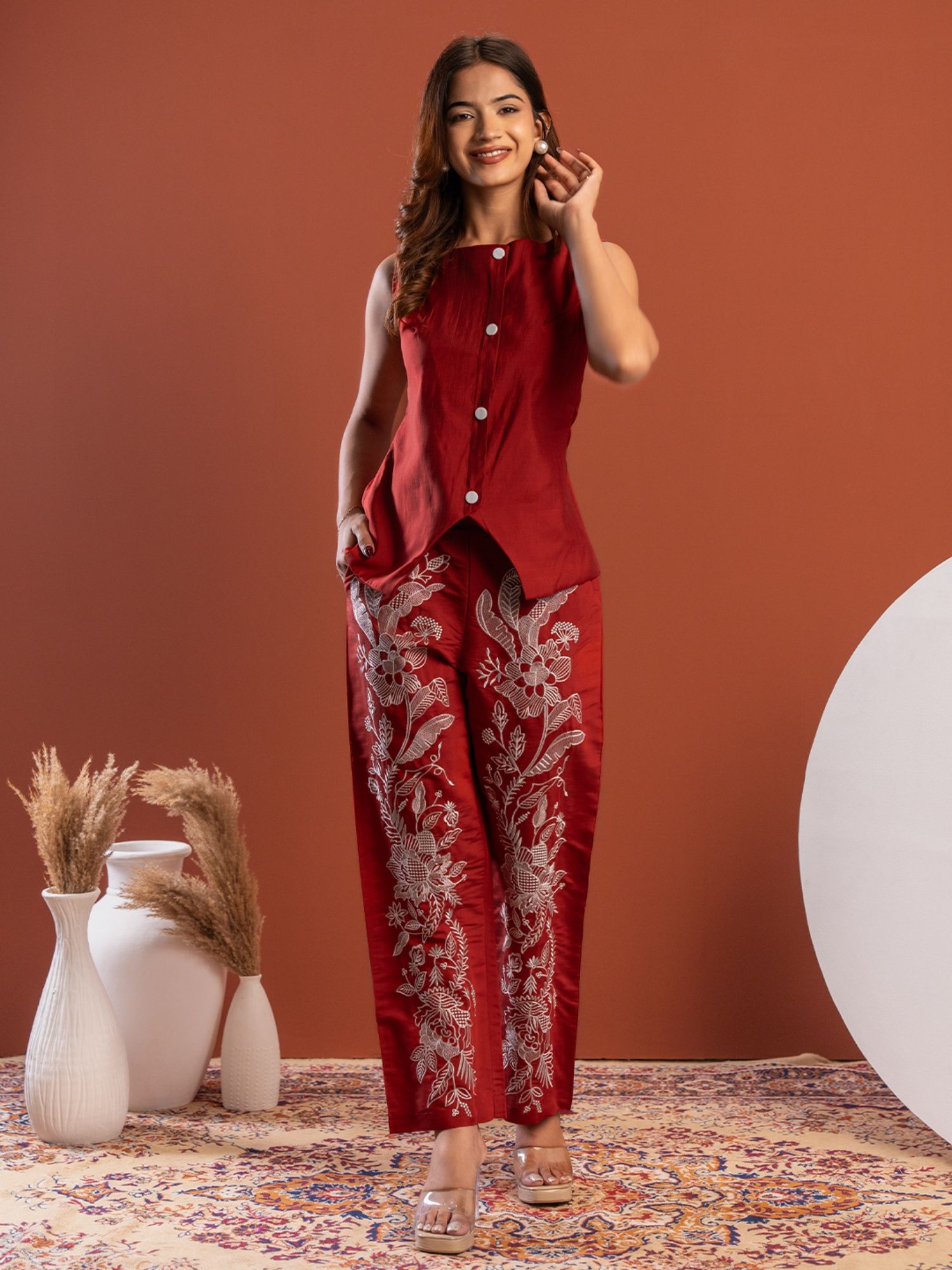 weavllite Maroon Roman Silk Embroidered Co-Ord Set-picture-3