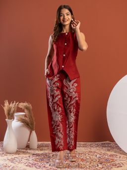 WEAVLLITE - Maroon Roman Silk Embroidered Co-Ord Set