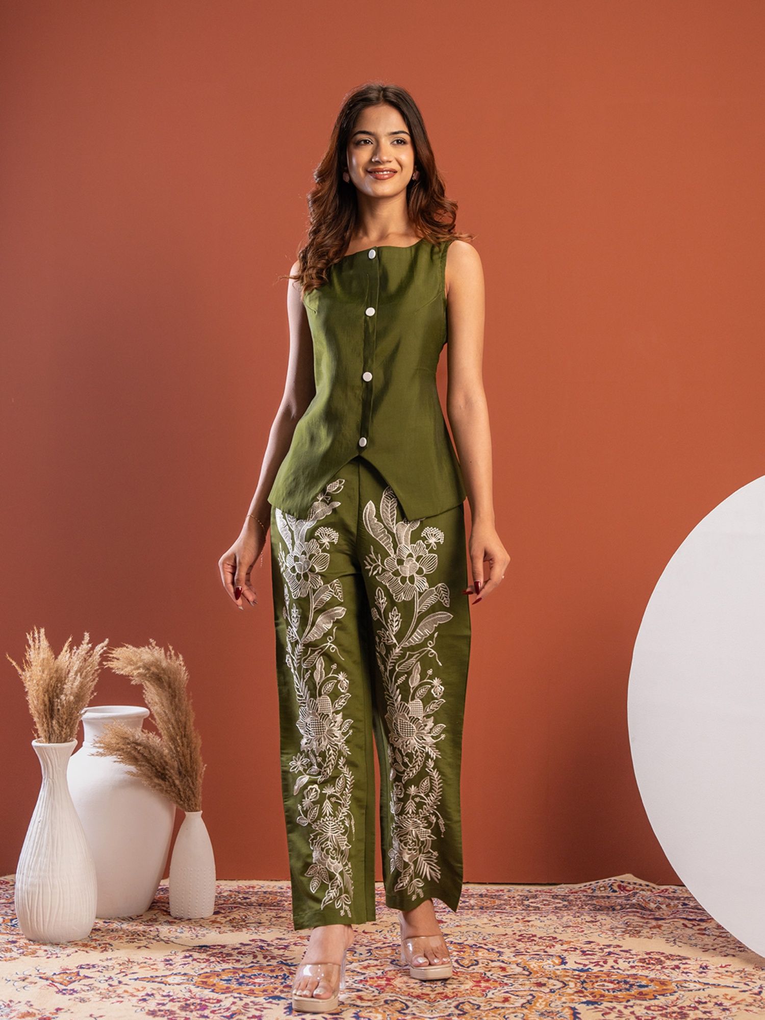 weavllite Green Roman Silk Embroidered Co-Ord Set-picture-18