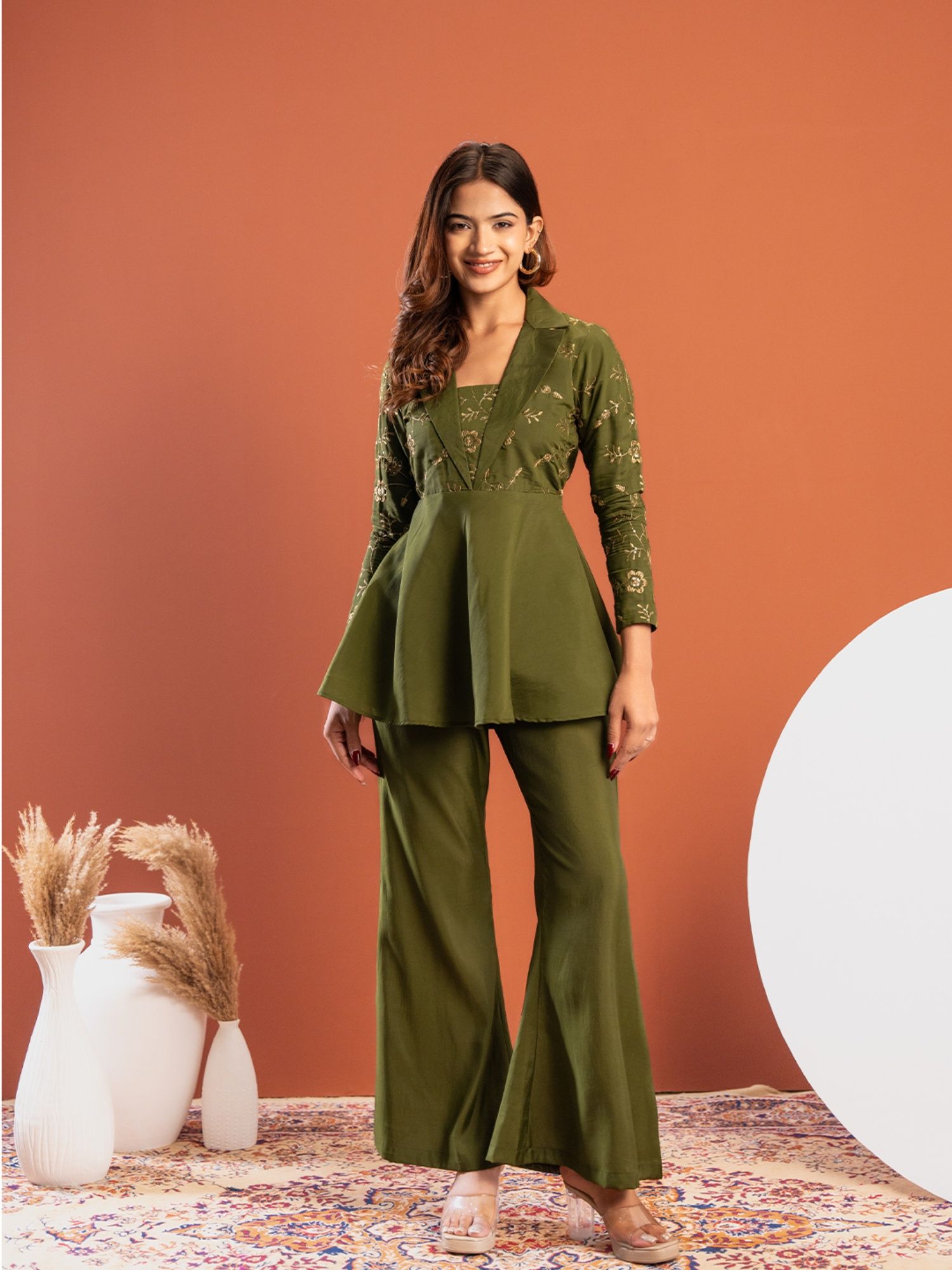 weavllite Green Roman Silk Embroidered Co-Ord Set-picture-2