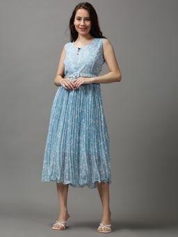 SHOWOFF - Women's Round Neck Embellished Blue Midi Dress (Set of 2)