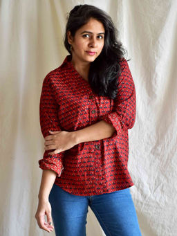 Sundarii - Marooned Ajrakh Printed Cotton Maroon Shirt