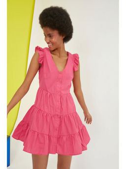 Trendyol - Pink Smock Button Down Dress With Frill Shoulder