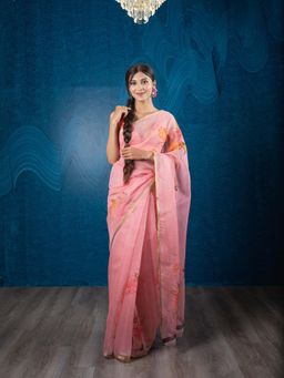 EXCLUSIVA - Pink Floral Organza Digital Print Saree Zari Border with Unstitched Blouse