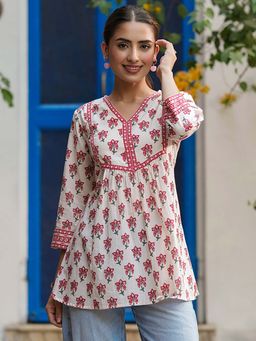 Rain & Rainbow - White Floral Regular Fit Kurti