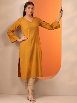 Libas - Mustard Woven Straight Fit Kurta