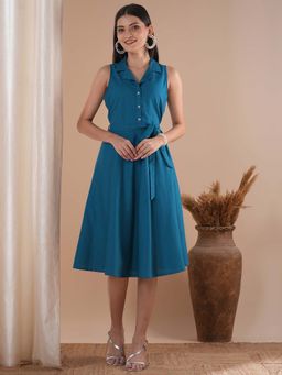 Kami Kubi - Teal Checks A-Line Fit Dress, Fit Belt