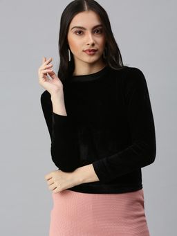 SHOWOFFFF - Women High Neck Full Sleeves Solid Black Top