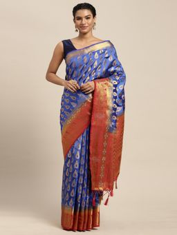 Mimosa - Women's Kanjivaram Art Silk Blue Saree with Unstitched Blouse