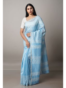 Unnati Silks - Light Blue Pure Block Printed Chanderi Sico Saree with Unstitched Blouse