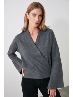 Trendyol - Anthracite Wrap Flared Sleeve Knit Top