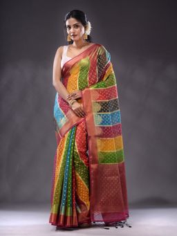 CHARUKRITI - Multicolor Organza Handwoven Saree With Unstitched Blouse