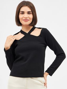 Kibo - Womens Polyester Black Cut-Out Long Sleeve Top