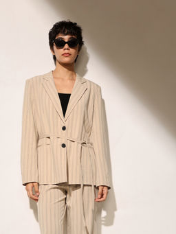ONLY - Womens Striped Tailored Fit Beige Blazer with Belt (Set of 2)
