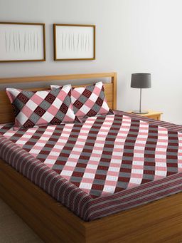 ARRABI - Multi Checks TC Polycotton Double Bedsheet with 2 Pillow Covers