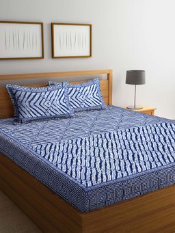 ARRABI - Blue Abstract TC Polycotton Double Bedsheet with 2 Pillow Covers