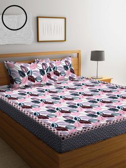 ARRABI - Pink & Blue Floral Polycotton Bedsheet with 2 Pillow Covers