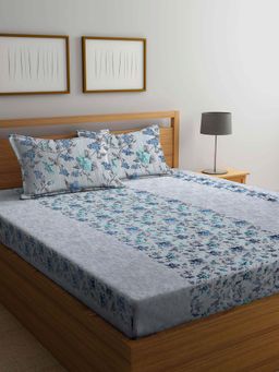 ARRABI - Blue Floral TC Cotton Blend Double Bedsheet with 2 Pillow Covers