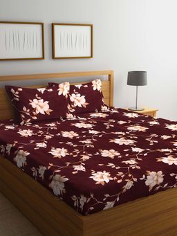 ARRABI - Brown Floral TC Polycotton Double Bedsheet with 2 Pillow Covers