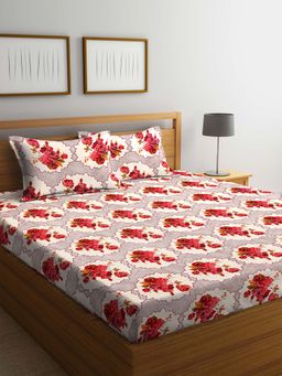 ARRABI - Cream Floral TC Polycotton Double Bedsheet with 2 Pillow Covers