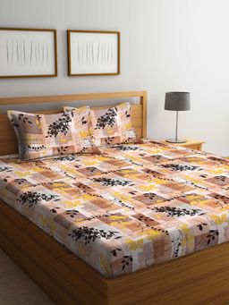 ARRABI - Brown Floral TC Polycotton Double Bedsheet with 2 Pillow Covers