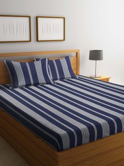 ARRABI - Blue Handwoven Cotton King Bedsheet with 2 Pillow Covers