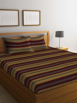 ARRABI - Multi-Color Striped Handwoven Cotton Double King Bedsheet with 2 Pillow Covers