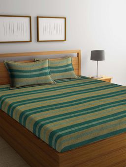 ARRABI - Green Striped Handwoven Cotton Bedsheet with 2 Pillow Covers