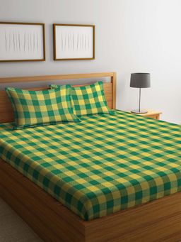 ARRABI - Green Check Handwoven Cotton Double King Bedsheet with 2 Pillow Covers
