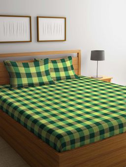 ARRABI - Green Check Handwoven Cotton Bedsheet with 2 Pillow Covers