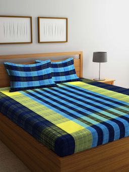 ARRABI - Blue Striped Handwoven Cotton Double Bedsheet with 2 Pillow Covers