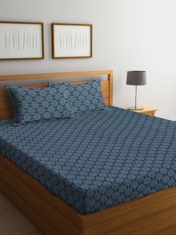 ARRABI - Teal Floral Handwoven Cotton Double Bedsheet with 2 Pillow Covers