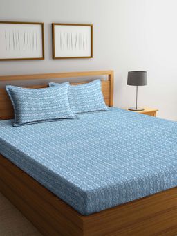 ARRABI - Blue Ethnic Handwoven Cotton Double King Bedsheet with 2 Pillow Covers