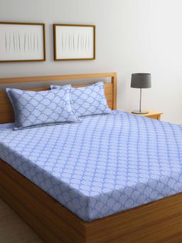 ARRABI - Blue Ethnic Handwoven Cotton Double King Bedsheet with 2 Pillow Covers