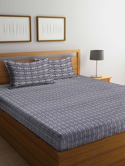 ARRABI - Grey Ethnic Handwoven Cotton Double King Bedsheet with 2 Pillow Covers