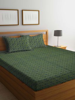 ARRABI - Green Blocks Handwoven Cotton Double Bedsheet with 2 Pillow Covers