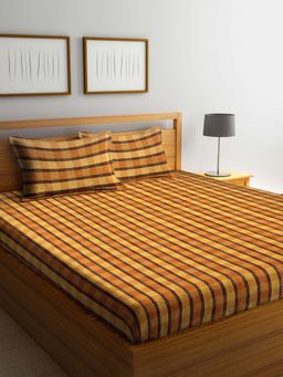 ARRABI - Brown Blocks Handwoven Cotton Double King Bedsheet with 2 Pillow Covers