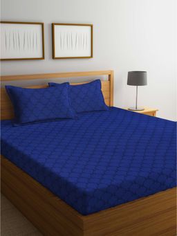 ARRABI - Blue Floral Handwoven Cotton Double Bedsheet with 2 Pillow Covers