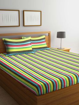 ARRABI - Multi Striped Handwoven Cotton Double King Bedsheet with 2 Pillow Covers