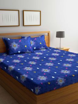 ARRABI - Blue Indian TC Polycotton Double Bedsheet with 2 Pillow Covers