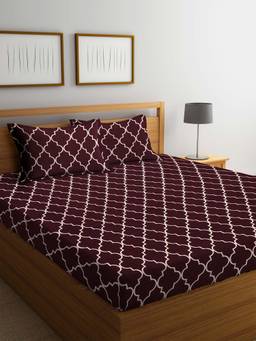 ARRABI - Brown Indian TC Polycotton Double Bedsheet with 2 Pillow Covers