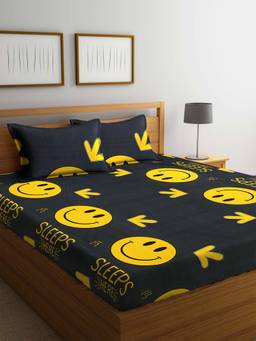 ARRABI - Grey Cartoon TC Polycotton Double Bedsheet with 2 Pillow Covers