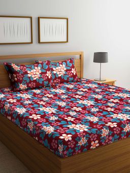 ARRABI - Red Floral TC Polycotton Double Bedsheet with 2 Pillow Covers