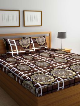 ARRABI - Brown Indian TC Polycotton Double Bedsheet with 2 Pillow Covers