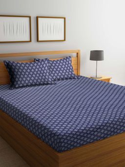 ARRABI - Blue Abstract Handwoven Cotton Double Bedsheet with 2 Pillow Covers