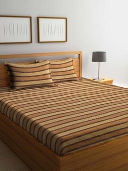 ARRABI - Brown Stripes Handwoven Cotton Double King Bedsheet with 2 Pillow Covers