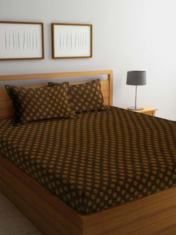 ARRABI - Brown Indian 100% Cotton Double Bedsheet with 2 Pillow Covers