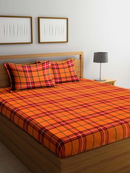 ARRABI - Orange Checks 100% Cotton Double Bedsheet with 2 Pillow Covers