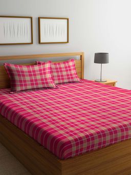 ARRABI - Pink Checks Handwoven Cotton Double Bedsheet with 2 Pillow Covers